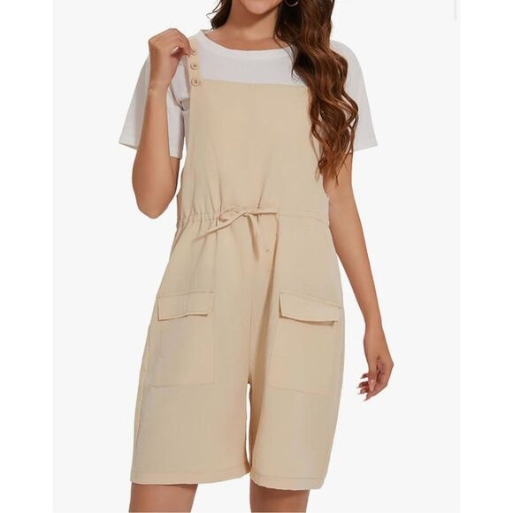 NEW Khaki Short Overalls Loose Adjustable Strap Romper Pockets M - Picture 1 of 7